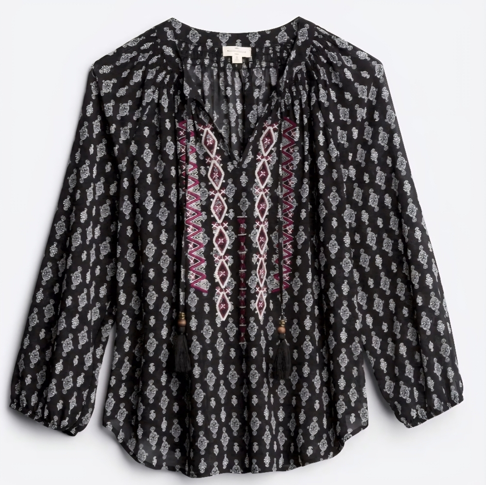 Purple Black Relaxed Embellished 3/4 Sleeve Blouse